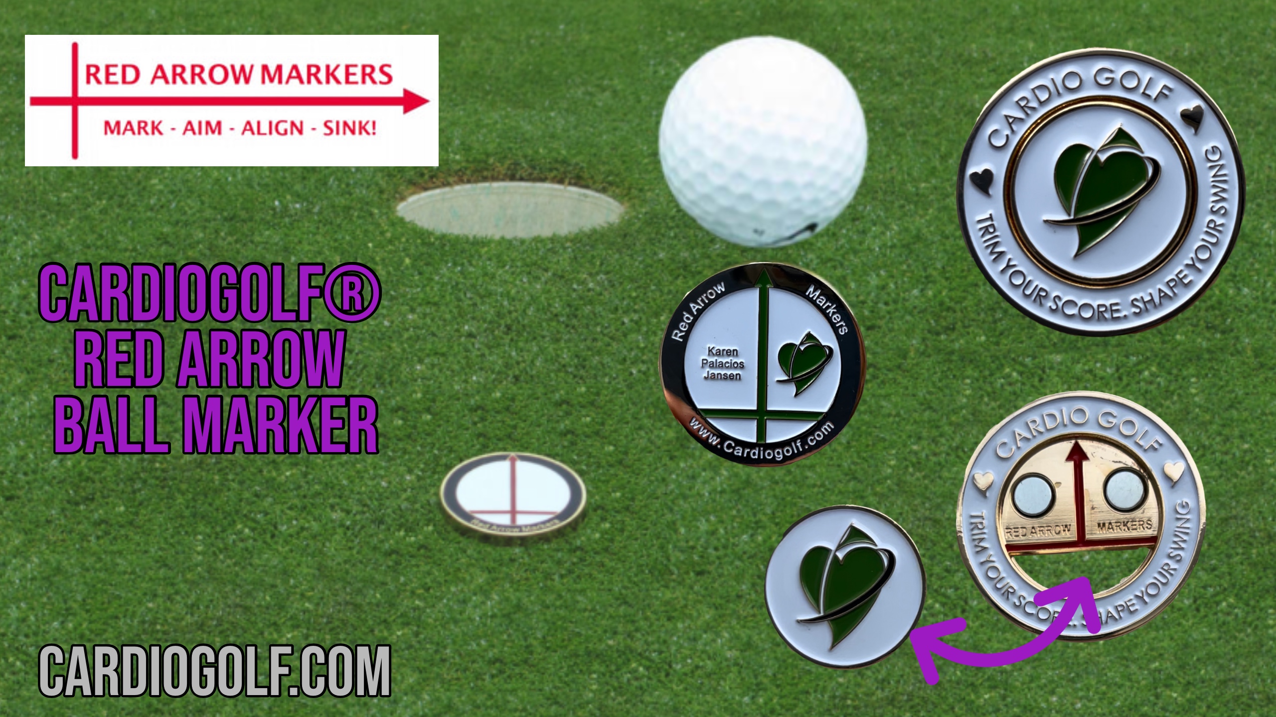 The CardioGolf RED ARROW ALIGNMENT BALL MARKERS TO HOLE MORE PUTTS!